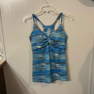 REI Blue Grey Striped Twist‎ Front Workout Tank Top Built-In Bra (Women's 12)